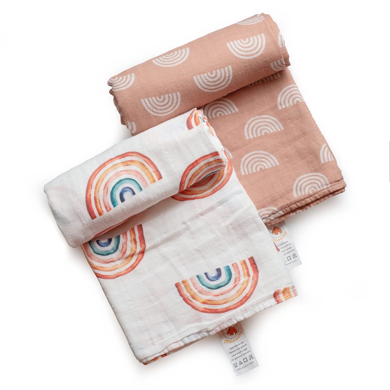 Miaoberry Organic Muslin Baby Swaddle Blanket and Hat Set Newborn Unisex Neutral Boy Girl| Boho Rainbow |Photo Props Birth Announcement Card - Image 5